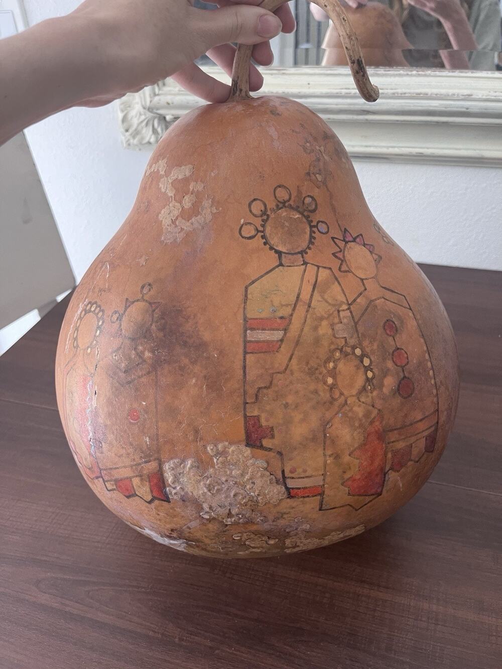 Vintage Folk Art Hand Painted Gourd Large Aztec Design Unique Rare Intact Stem